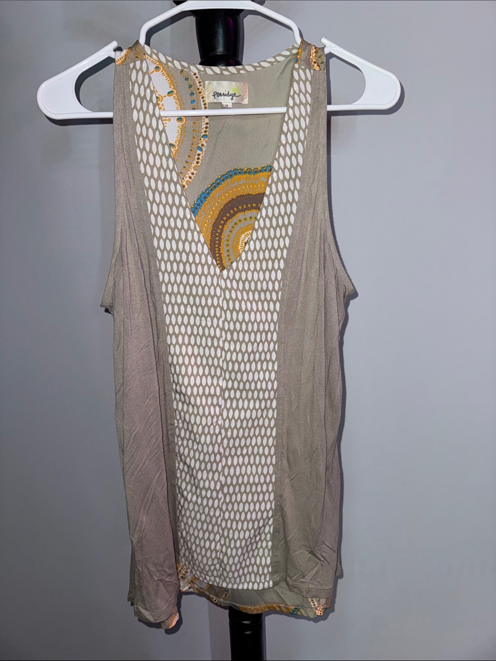 Paisley Panel V-Neck Tank Top - Taupe and Cream 21.T